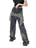 New Women Star Stitching Tassel Pants American Retro High Street Jeans Loose Wide Leg Pants Trendy Punk Y2k Pants