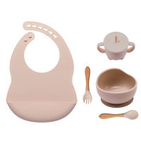 5Pcs1Set Silicone Dishes Baby Feeding Bowl Set Baby Learning Suction Bowl Cup Set Wood Fork Spoon Non-Slip for Babies Bib