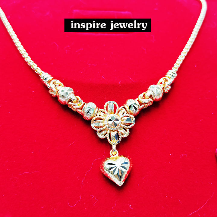 inspire-jewelry-สร้อยคอทองลายบล็อคขนาดเส้นหนึ่งบาทต่อลายดอกไม้ห้อยหัวใจตอกลาย-ยาว-18-นิ้ว-ตามแบบ-ปราณีตมาก-งานแฟชั่น-สีทอง
