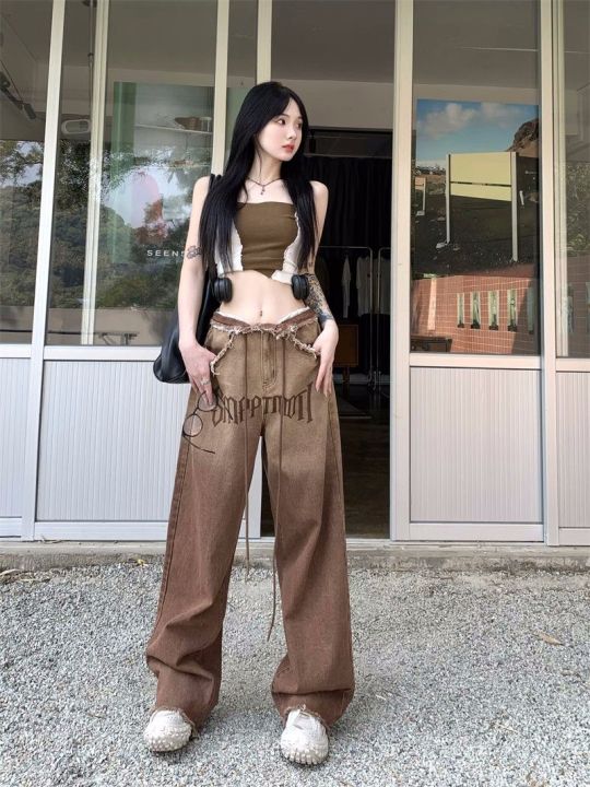 เสื้อ-spice-girl-fried-street-gradient-drawstring-jeans-women-spring-and-summer-casual-high-street-vibe-straight-leg-wide-leg-pants-high-waist-mopping-pants