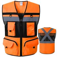 【LZ】◇  Laranja segurança colete reflexivo com bolsos ferramenta Colete Trabalho respirável Oi Vis Mesh Workwear