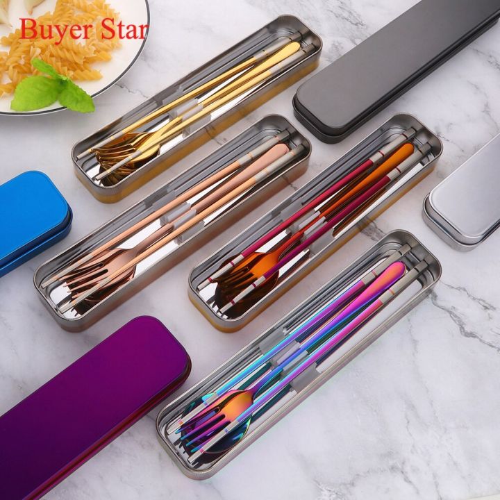 portable-reusable-stainless-steel-spoon-fork-travel-picnic-chopsticks-tableware-cutlery-set-with-carrying-box-for-student-office-flatware-sets