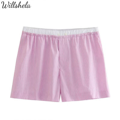 Willshela ชุดสายลายทางสีตัดกันแฟชั่นสำหรับผู้หญิงกางเกงขาสั้นสีชมพูผู้หญิงกางเกงขาสั้นแบบลำลองเก๋ไก๋