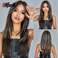 Synthetic Dark Brown Wig with Bangs Blonde Highlight Long Layered Wigs for Women Straight Cosplay Daily Heat Resistant Hair [ Hot sell ] vpdcmi