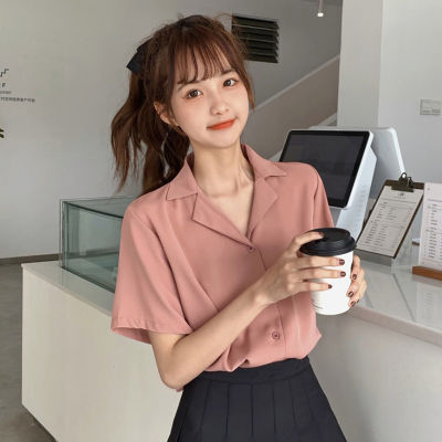 Han Fan Retro ลมอ่อนโยนเสื้อชีฟองสีทึบเก๋เกาหลีแขนสั้นเสื้อนักเรียนหญิง