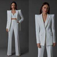 White Women Pants Suits Slim Fit Thicken Shoulder Pad Evening Party Wear For Wedding Straight Trousers Two Pieces