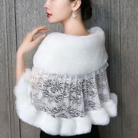 Women Winter Wedding Dress Scarf Stoles Warm Shawl Wrap Fluffy Plush Splicing Bridal Bolero Crochet Floral Lace Prom Party Cover