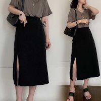 COD ☬✁ The Nonexistent Shop32dsgd0 Plus Size Midi Skirts With Split Hem High Waist Solid Color Skirts Korean Style Pure Color A-line Skirts Casual Over Knee Length Skirts For Big Size Ladies Loose Fit Midi Skirts