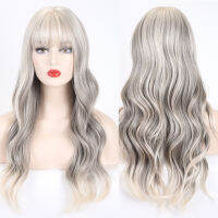 VDFD Long Wavy Blonde Highlight Wig with Bangs Synthetic Cosplay Curly Hair Natural Gray Bleached for Women