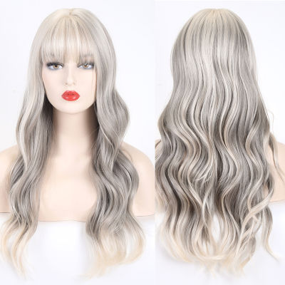 VDFD Long Wavy Blonde Highlight Wig with Bangs Synthetic Cosplay Curly Hair Natural Gray Bleached for Women