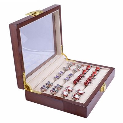 Glass Cufflinks Box for Men Painted Wooden Collection Display Box Storage 12Pairs Capacity Rings Jewelry Box