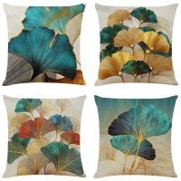 Cushion Covers Modern Teal and Gold Leaves Decorative Throw Pillow Cases Ginkgo Home Decor Square Cushion Covers