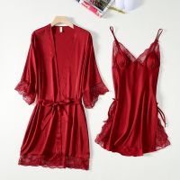 ❈ Twinset Robe Set Sexy Women Sleepwear Lace Patchwork Kimono Bathrobe Spaghetti Strap Nightdress Loose Rayon Home Dress Nightgown