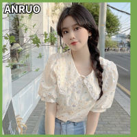 ANRUO เสื้อแขนสั้นลายดอกไม้,เสื้อแขนสั้นผู้หญิง2023ใหม่ฤดูร้อนดีไซน์สวยคอเสื้อตุ๊กตาฝรั่งเศส