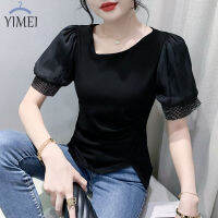 YIMEI เสื้อยืดสีดำทรงเข้ารูปสำหรับผู้หญิง,เสื้อยืดผ้าฝ้ายคอวีแขนสั้น2023ฤดูร้อนอุตสาหกรรมหนักใหม่ประดับเพชร