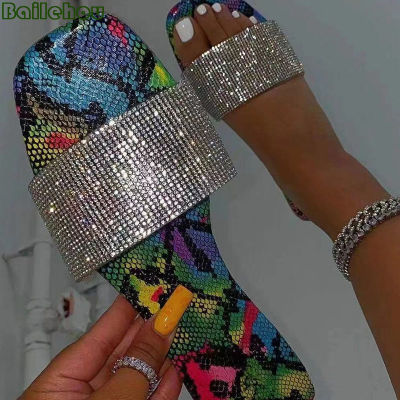 Female Shoes Rubber Slippers Flip Flop Big Size Color Snake Fashion Rhinestones 2022 Square Toe Ladies Flats Travel Lazy Modern