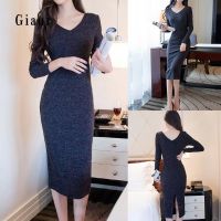 卐☇ GA Fashion Women Solid Color Winter Bodycon V Neck Rib Knitted Sweater Long Dress