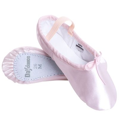 รองเท้าบัลเล่ต์สำหรับยิมนาสติกเด็กเล็กเด็กผู้หญิง,รองเท้าผ้าใบนักเต้นบัลเลต์เด็กเต้นรำพื้นเรียบซาติน