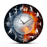 Fire And Water Volleyball Ball Wall Clock Sport Game Living Room Art Decor Hanging Silent Swept Wall Watch Volleyball Team Gift