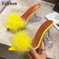 Eilyken รองเท้าส้นสูงประดับคริสตัลเพอสเพ็กซ์ขนนกโปร่งใส PVC สำหรับฤดูร้อน,รองเท้าแตะเปิดหน้าเท้าขนสัตว์รองเท้าสไลด์สำหรับผู้หญิง