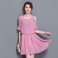 Summer Casual Half Hollow Lotus Sleeve O-neck Knee-length A-line Chiffon Simple Black Pink White Gray Cocktail Dresses 9932