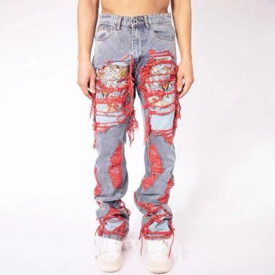 【CC】∋∏  Street Hip Hop Destroy Brushed Embroidered Relaxed Baggy Jeans Men Fashion Straight Leg Denim Pants Streetwear