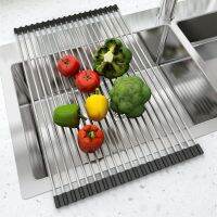 Multi-Use Roll-Up Dish Drying Rack Rolling Drainer Over Sink Mat Heat Resistant Stainless Steel Foldable for Kitchen