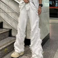 HOT14★Raw edge white jeans couple American style high street vibe structure design straight high-end fashion loose retro long trousers