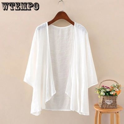 WTEMPO Fashion Solid Cotton Hemp Cardigans Women Summer Casual Long Sleeve Blouses Female Thin Tunic Tops Kimono Cape Wholesale