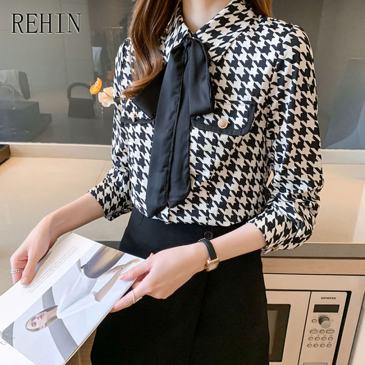 rehin-ผู้หญิงฤดูใบไม้ร่วงใหม่-houndstooth-พิมพ์แฟชั่นลายสก๊อตเสื้อแขนยาว-niche-ทุกการแข่งขันสไตล์เสื้อหรูหรา