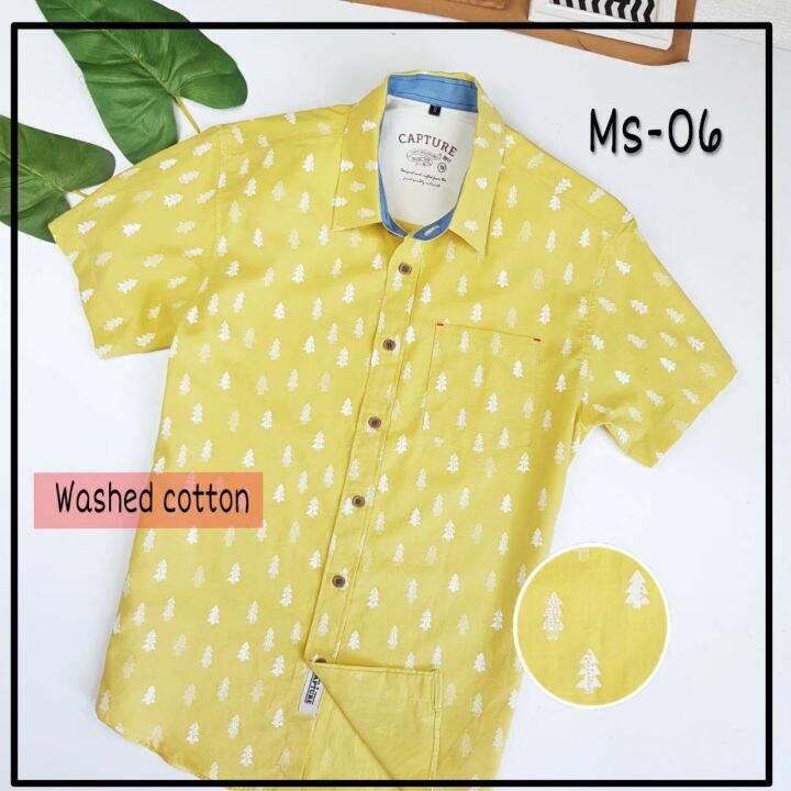 capture-shirt-เสื้อเชิ้ตผู้ชาย-แขนสั้น-คอปก-ผ้า-cotton100-ลายต้นคริสต์มาส-สีเหลือง-มีถึงอก-48-นิ้ว