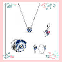 Spring 2022 100 High Quality S925 Sterling Silver Cubic Zirconia Blue Enamel Pansy Flower Set Ornament Womens Fine Jewelry