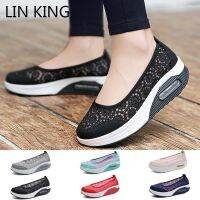 LIN KING Breathable Lace Women Swing Shoes Med Heel Wedges Platform Shoes Thick Sole Lazy Sneakers Plus Size Nurse Work Shoes