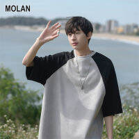 MOLAN คู่บล็อกสีผู้ชายย้อนยุคเสื้อยืดท็อปแบบตัวสั้นแขนแขนสั้นคอกลม Raglan