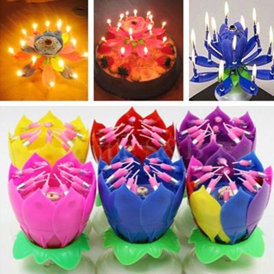 Innovative Party Cake Candle Musical Lotus Flower Rotating Happy Birthday Candle Light DIY Cake Decor For UR Families Friends