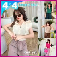 knits set ชุดเซ็ท2ชิ้นผญ เสื้อครอปแขนกุดมีฮู้ด ผ้าไหมพรม + กางเกงขายาว ผ้านิ่มใส่สบาย เสื้อคริสต์มาส