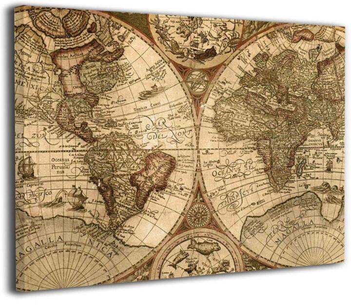 Old World Map Wall Art Decor โปสเตอร์โมเดิร์นยืดและกรอบงานศิลปะผ้าใบ