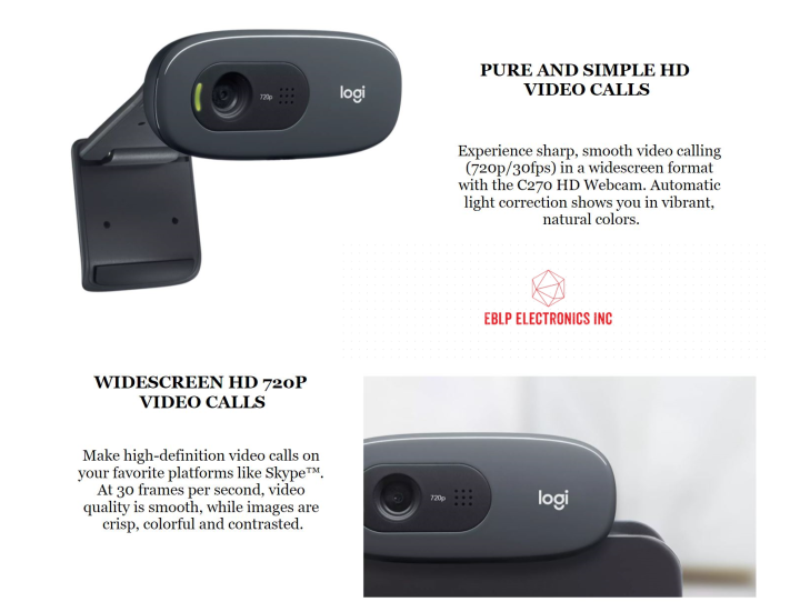 LOGITECH C270 HD 720p WEBCAM PLUG AND PLAY VIDEO CALLING FOR PC AND