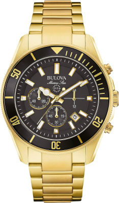 Bulova Mens Marine Star Series B Gold Tone Stainless Steel 6-Hand Chronograph Quartz Watch, Black Dial Style: 98B250