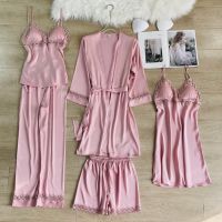 Women Robe Pajamas Sets y Lace Floral Trim Casual Bathrobe Nightdress Sleepwear Suit Spring Summer Thin Rayon Home Wear