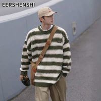 EERSHENSHI คอกลมทรงหลวมลำลองสำหรับผู้ชายแขนยาวเสื้อกันหนาวลายทางวินเทจแบบอเมริกัน