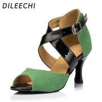 DILEECHI ยี่ห้อกำมะหยี่สีเขียวรองเท้าเต้นรำละตินของผู้หญิงรองเท้าเต้นรำบอลรูมพรรค S ALSA รองเท้า