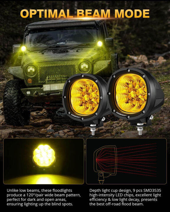 auxbeam-4-inch-90w-amber-led-fog-lights-9000lm-yellow-flood-lights-round-offroad-lights-amber-led-pods-auxiliary-light-bar-driving-bumper-lights-for-trucks-atv-motorcycle-boat-jeep-4-inch-round-amber-