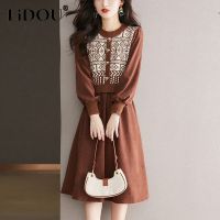 Outono Inverno Nova Moda Feminina Elegante วินเทจ Retalhos Midi Vestido แมนกาลองกา