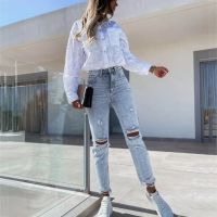 Hot sell New Jeans For Women Button High Waist Pocket Elastic Hole Jeans Trousers Slim Denim Pants Slim Fit Leg Length All Match Pant 청바지