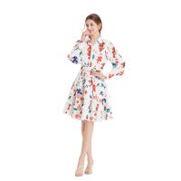 Women New Dress Real Shot  Flower Print  Midi Dress Long Sleeve A- Line Dress