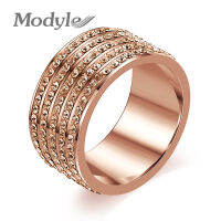 Modyle Rose Gold-Color Stainless Steel Jewelry Crystal Wedding Rings For Women