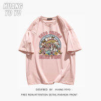 HUANGYOYO เสื้อยืดสตรีทวินเทจ100% ผ้าฝ้ายคอกลมตัวอักษร