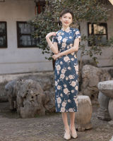 เซ็กซี่ Mandarin Collar เข่าความยาว Cheongsam Elegant R ผู้หญิง Handmade ปุ่ม Qipao จีน Daily Dress