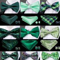 Hi-Tie Adult Mens 100% Silk Green Solid Bow Tie Set for Wedding Party Fashion Green Floral Neck Bowite Pocket Square Cuflinks Nails Screws Fasteners